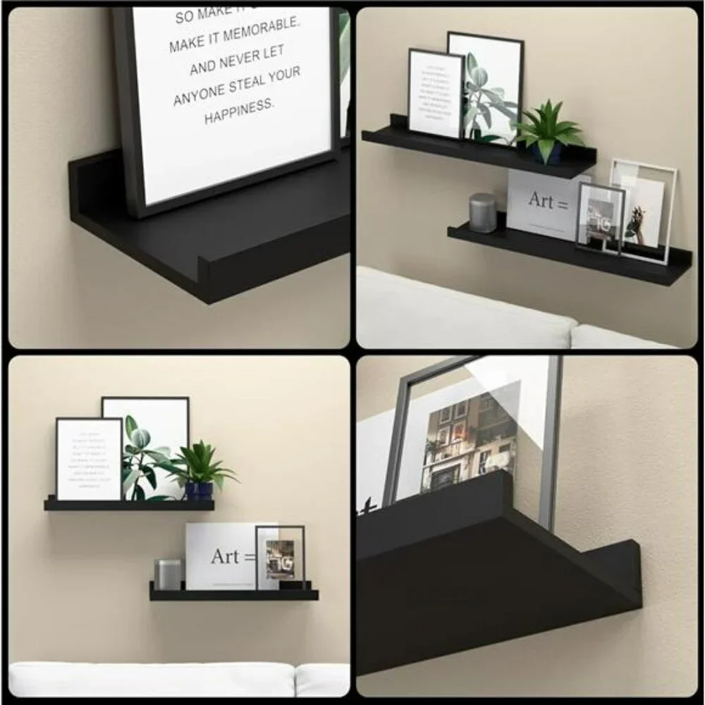 Black Floating Wall Shelves Set of 2 Picture Ledge Shelf for Room Decor